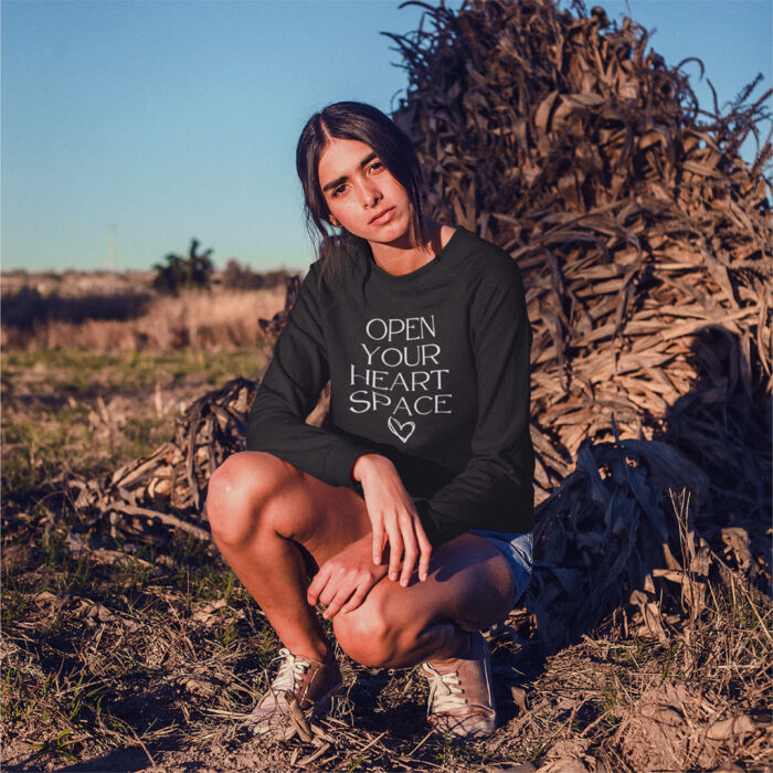 Open Your Heart Space Embroidered Black Sweatshirt - Unisex Sponge Fleece Crewneck Sweatshirt Thumbnail